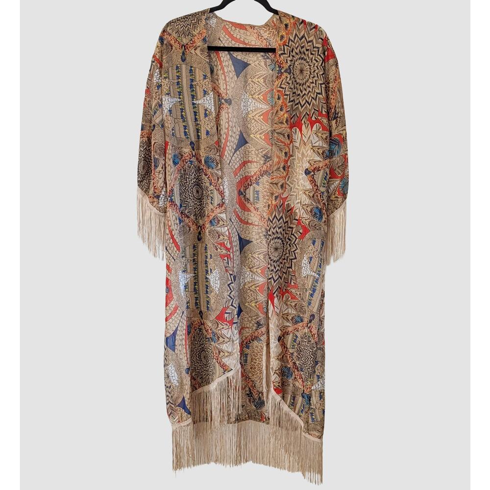 Sacred Patterned Fringe Duster Kimono Festival Boho Layering Robe